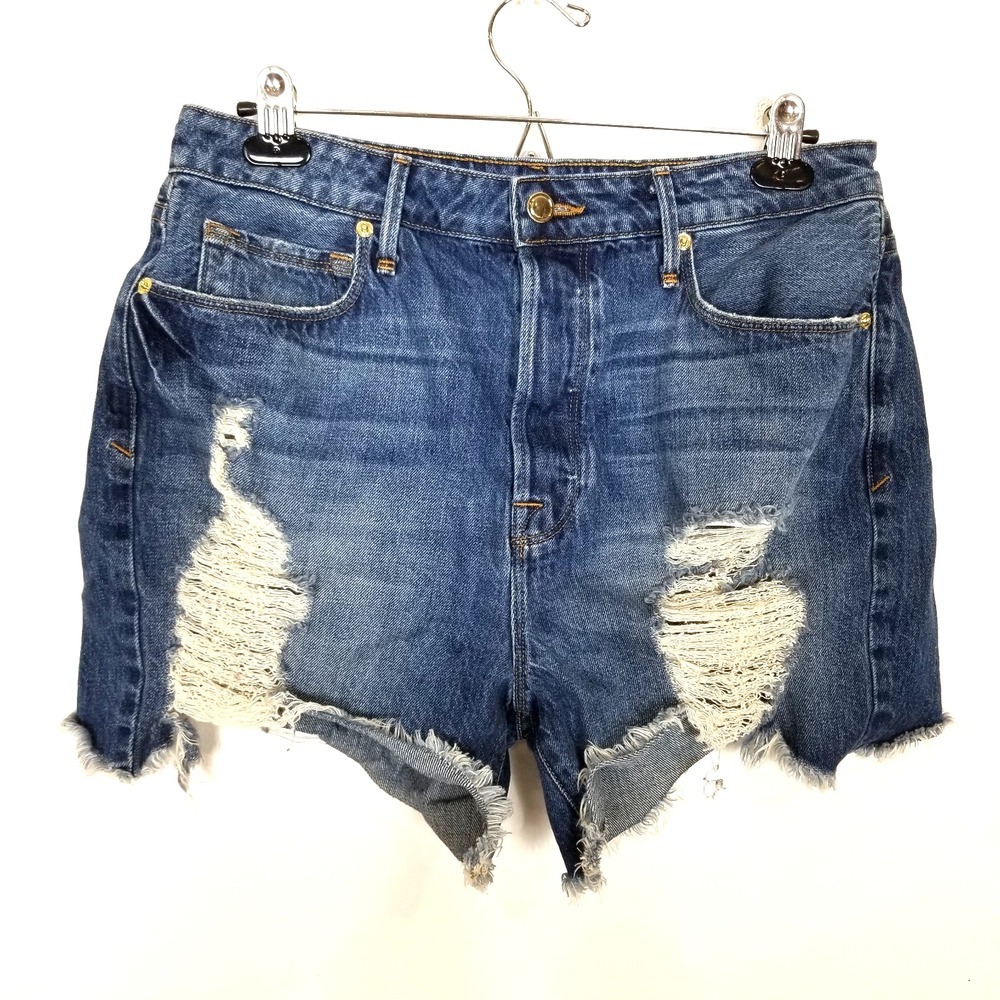 GOOD‎ AMERICAN Women Bombshell Frayed Denim Shorts Sz 29 Blue Distressed